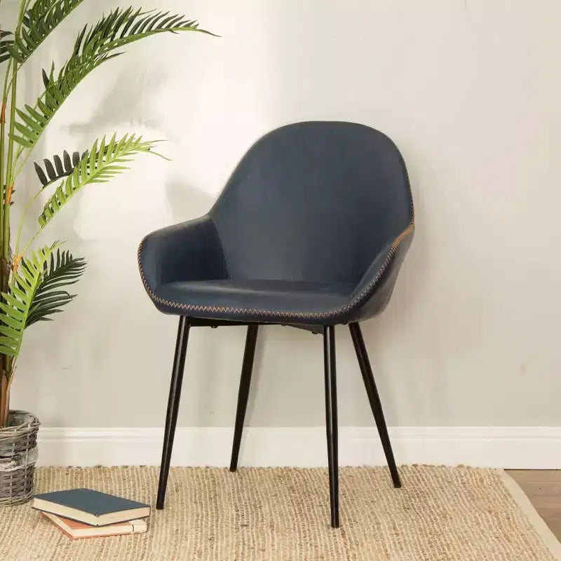 Lot de 2 fauteuils de salle à manger vintage Mid-Century Modern en simili cuir bleu marine - Glitzhome : Rembourré, cadre en acier, rembourrage confortable
