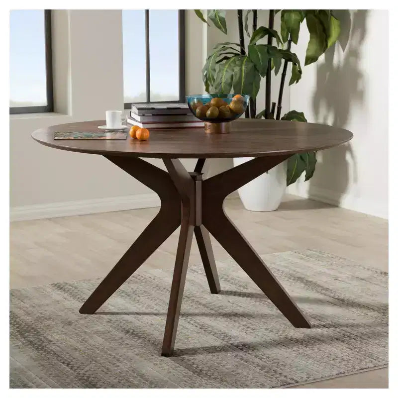 Monte Mid-Century Modern Wood Finish 47-Inch Round Dining Table - "Walnut" Brown - Baxton Studio