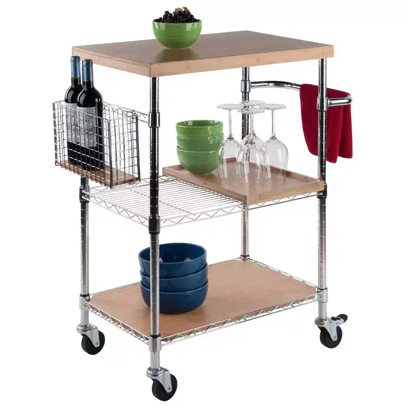 Medera Kitchen Cart Natural - Winsome: Bamboo Top, Chrome Frame, Locking Casters, Wine Storage