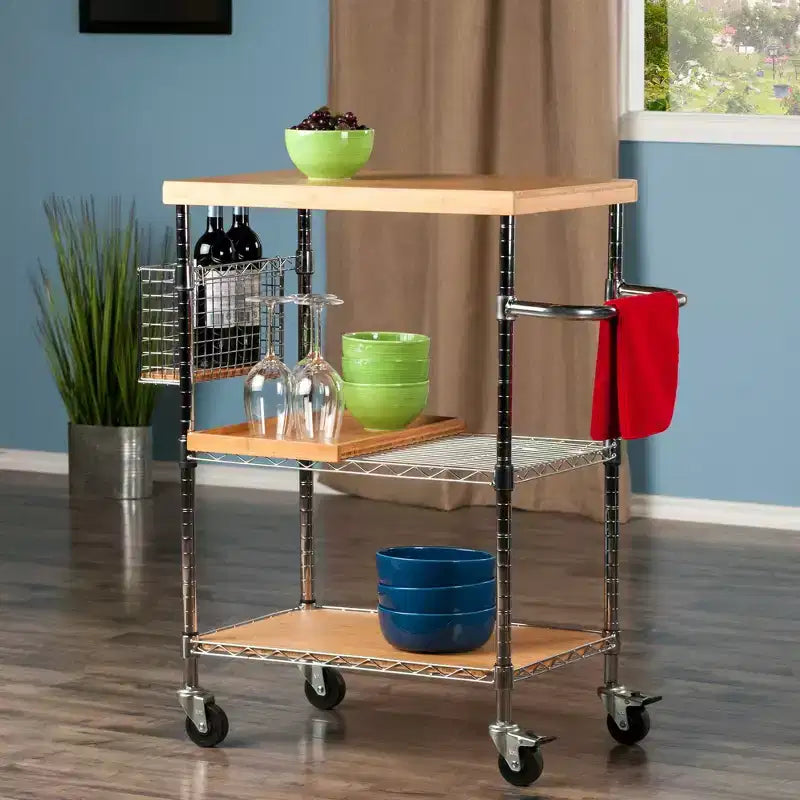 Medera Kitchen Cart Natural - Winsome: Bamboo Top, Chrome Frame, Locking Casters, Wine Storage