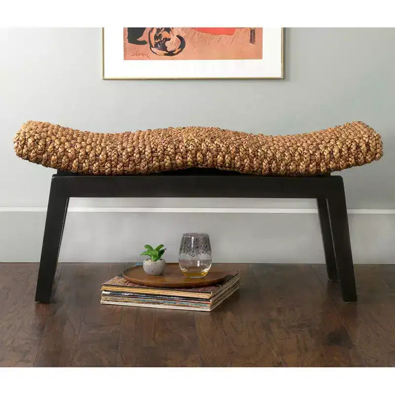 East At Main Myra Hyacinth Bench Brown: Rattan Entryway Ottoman, Narrow, Solid Wood Frame