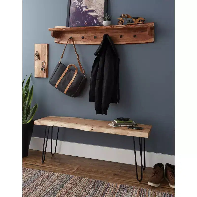 48 Hairpin Live Edge Wood Bench with Coat Hook Shelf Set Natural - Alaterre Furniture