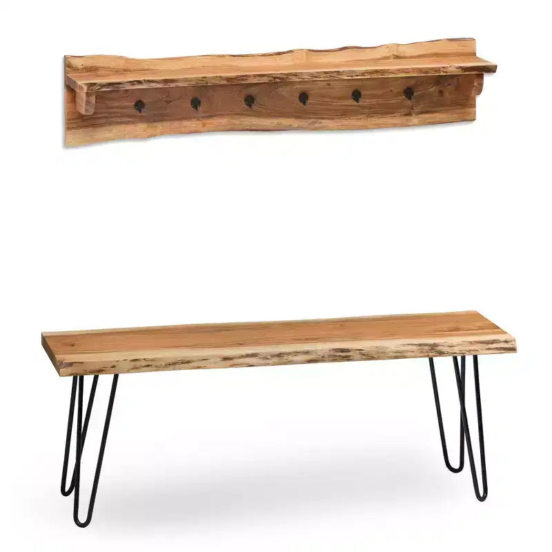 48 Hairpin Live Edge Wood Bench with Coat Hook Shelf Set Natural - Alaterre Furniture