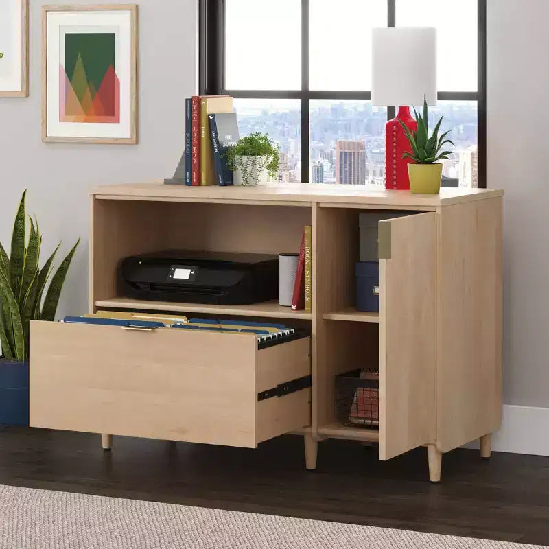Credenza da ufficio in acero naturale - : Mobile TV con ripiano regolabile e archivio