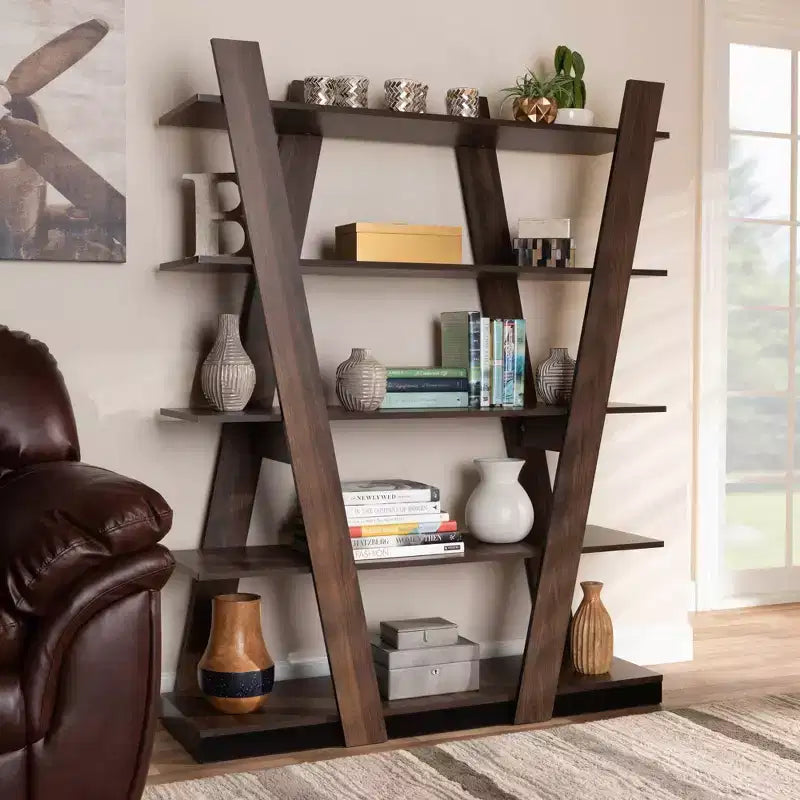 61" 5 Tier Michio Wood Geometric Display Shelf Walnut - Baxton Studio: Sleek, Spacious Storage for Home Office
