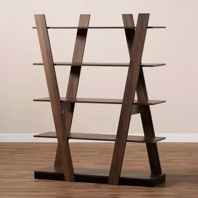 61" 5 Tier Michio Wood Geometric Display Shelf Walnut - Baxton Studio: Sleek, Spacious Storage for Home Office