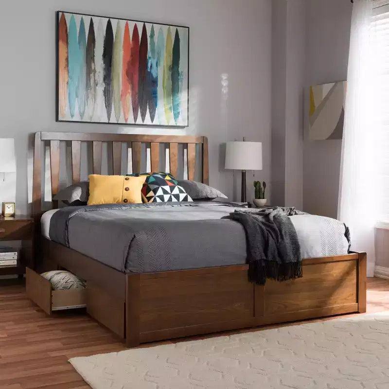 Queen Raurey Modern & Contemporary Walnut Storage Platform Bed: Brown, Solid Wood, Under Bed Storage, No Box Spring Needed
