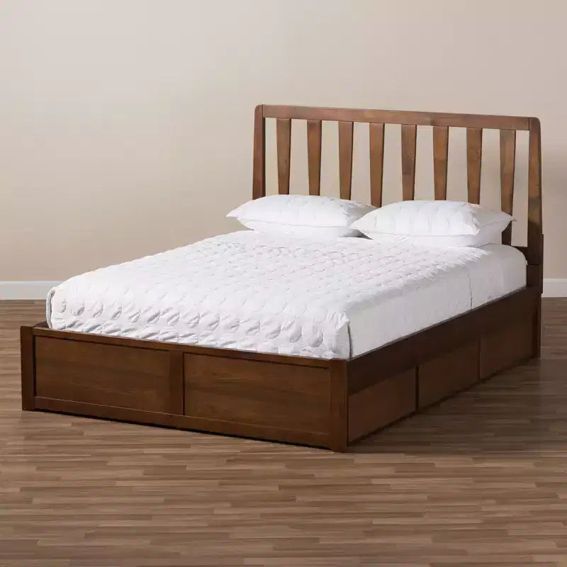 Queen Raurey Modern & Contemporary Walnut Storage Platform Bed: Brown, Solid Wood, Under Bed Storage, No Box Spring Needed
