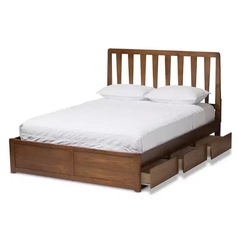 Queen Raurey Modern & Contemporary Walnut Storage Platform Bed: Brown, Solid Wood, Under Bed Storage, No Box Spring Needed
