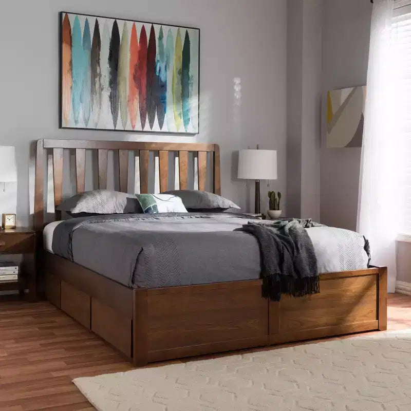 Queen Raurey Modern & Contemporary Walnut Storage Platform Bed: Brown, Solid Wood, Under Bed Storage, No Box Spring Needed