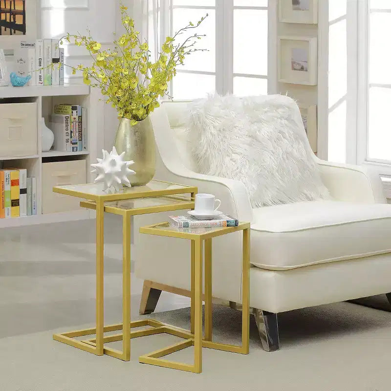 Carolina Living Emil Nesting Table Set Gold: Clear Tempered Glass, Metal Frame, No Assembly Required