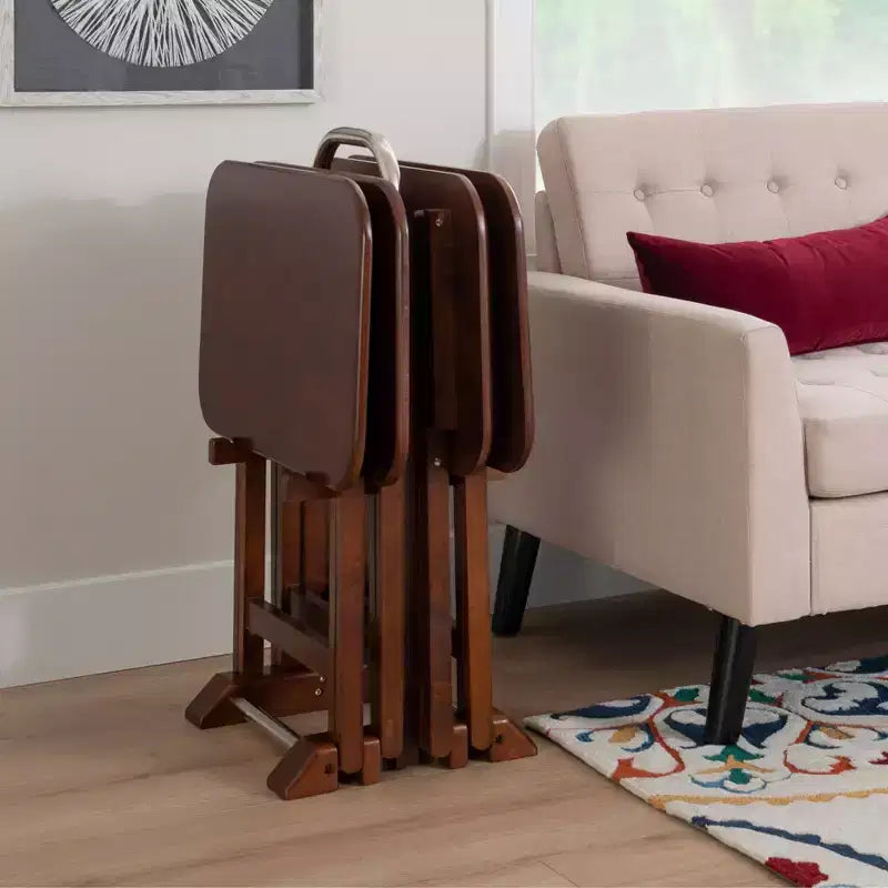 5pc Grant Folding TV Snack Tray Tables Dark Cherry/Chrome - Powell: Set of 4 with Stand, MDF Wood Finish