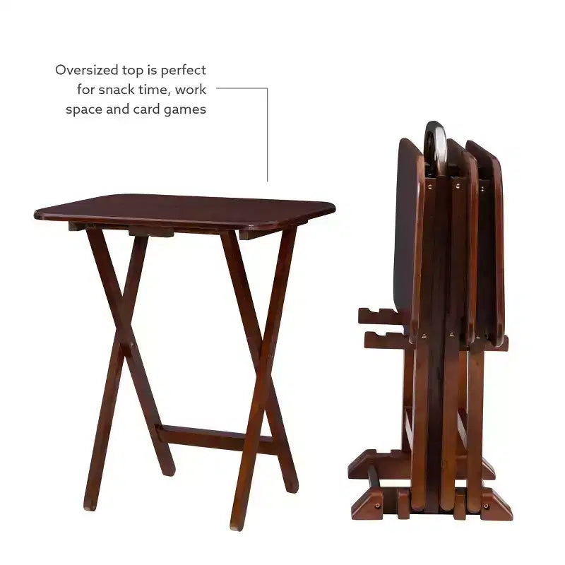 5pc Grant Folding TV Snack Tray Tables Dark Cherry/Chrome - Powell: Set of 4 with Stand, MDF Wood Finish