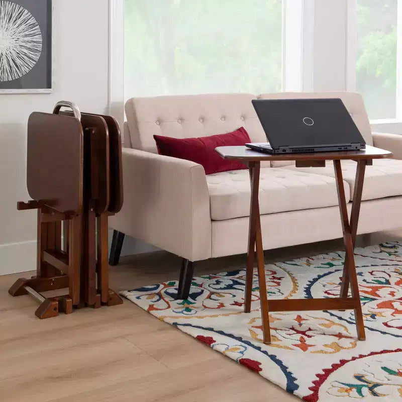 5pc Grant Folding TV Snack Tray Tables Dark Cherry/Chrome - Powell: Set of 4 with Stand, MDF Wood Finish