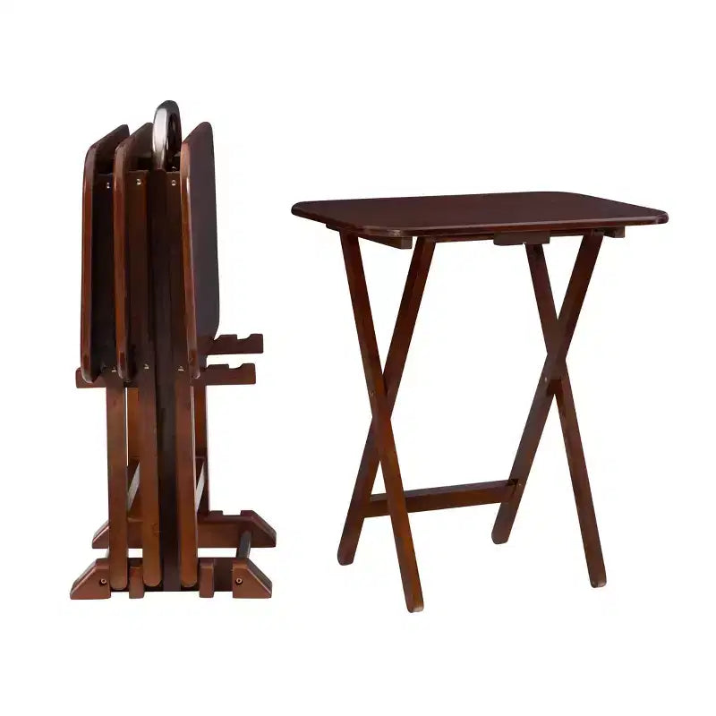 5pc Grant Folding TV Snack Tray Tables Dark Cherry/Chrome - Powell: Set of 4 with Stand, MDF Wood Finish