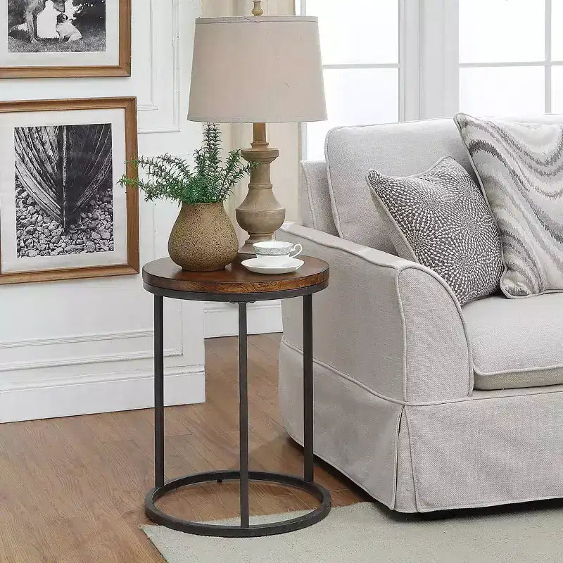 Carolina Living Table d'appoint ronde Edie de 45,7 cm avec plateau épais brun châtaigne/argenté : Structure en métal, plateau en placage de bois, 66 cm de haut