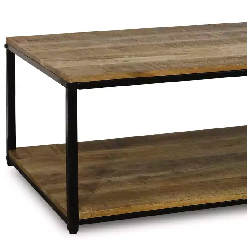 Table basse rectangulaire StyleCraft avec cadre en fer et étagère inférieure, naturelle/noire : Bois de manguier, style industriel, étagère fixe