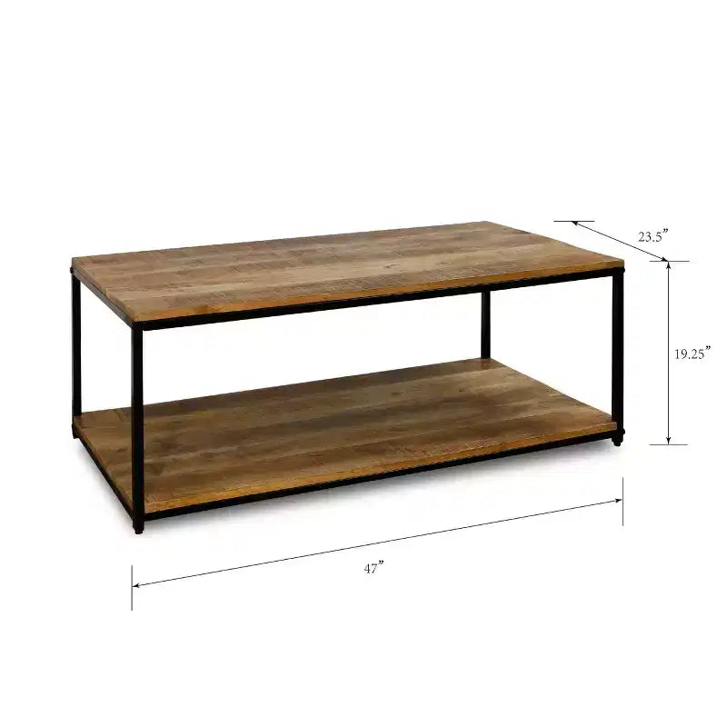 Table basse rectangulaire StyleCraft avec cadre en fer et étagère inférieure, naturelle/noire : Bois de manguier, style industriel, étagère fixe