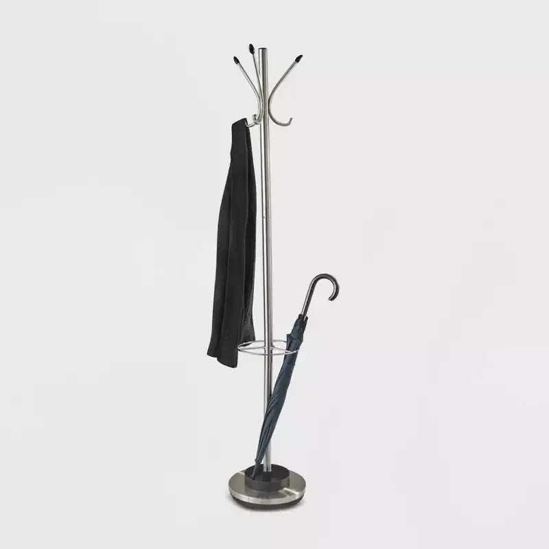 Umbrella Stand & Coat Rack Steel - Adesso: 6 Hooks, Metal Frame, 69" Tall, Water Tray