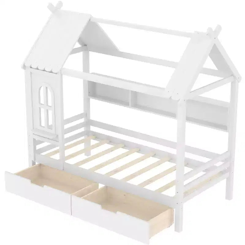 Letto a capanna con cassetti contenitori e finestra, struttura in legno massello con mensole, design giocoso infantile, bianco chiaro