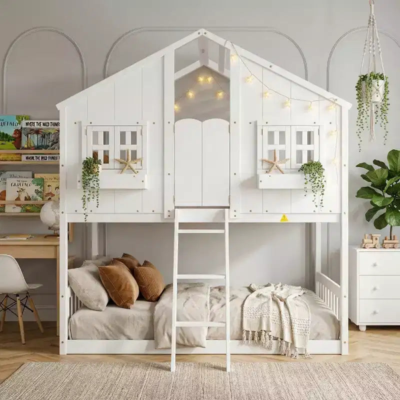 Letto a soppalco a forma di casetta con scaletta e spondine per bambini, in legno, misura singola