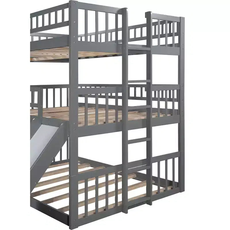 Letto a castello triplo Full Over Full con scaletta convertibile e scivolo, letto triplo con ringhiere di protezione, bianco/grigio/espresso - ModernLuxe