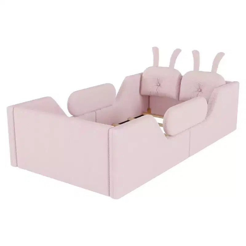 Letto a piattaforma Whisen Twin, struttura letto imbottita per bambini con cuscino a coniglio, sponde laterali rimovibili