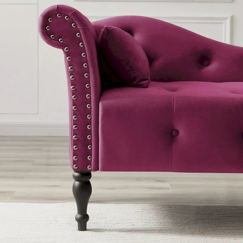 Moderna Chaise Longue da 60.6" in Velluto Imbottito con Bottoni Capitonnè, Gambe in Legno Massello e Borchie