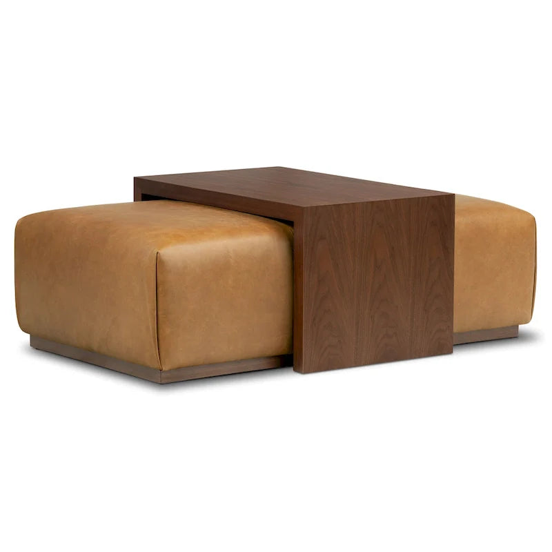 Poly & Bark Pouf Jarmo con Tavolino Regolabile in Noce - Vera Pelle Italiana Pieno Fiore