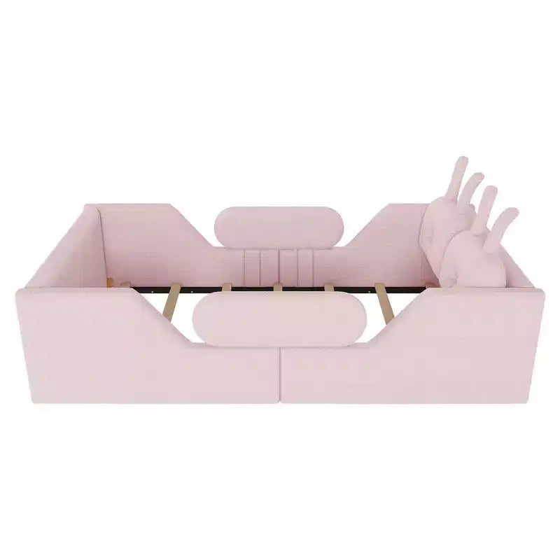 Letto a piattaforma Whisen Twin, struttura letto imbottita per bambini con cuscino a coniglio, sponde laterali rimovibili
