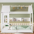 Letto a capanna con cassetti contenitori e finestra, struttura in legno massello con mensole, design giocoso infantile, bianco chiaro
