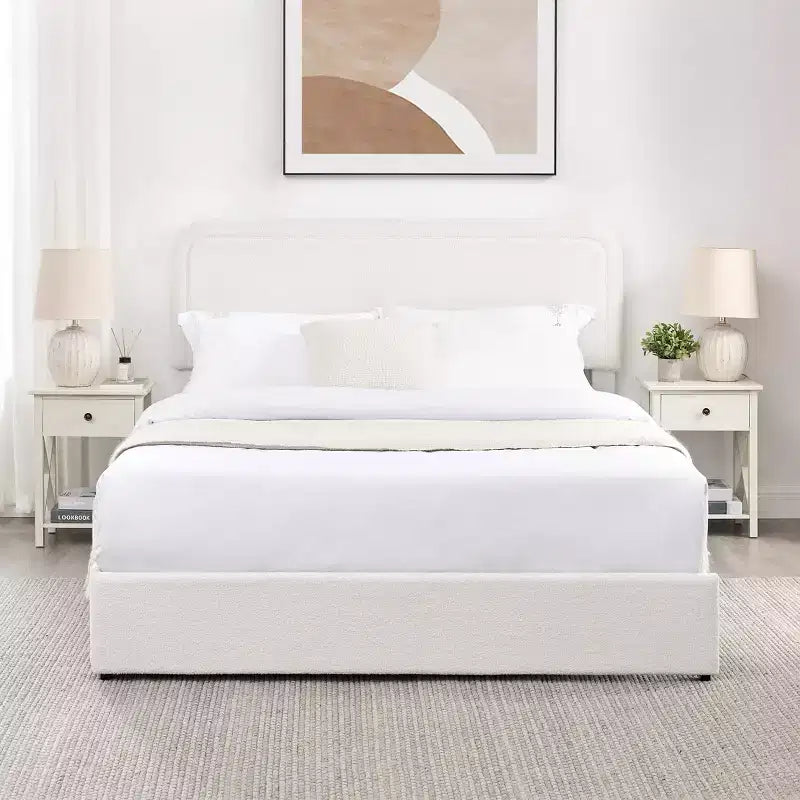 Letto matrimoniale moderno imbottito in bouclé con cassetti contenitori