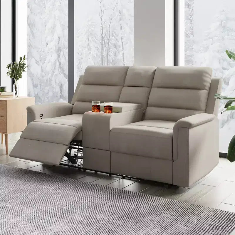 Divano a 2 posti reclinabile in tessuto tecnico beige/grigio con schienale e poggiapiedi regolabili