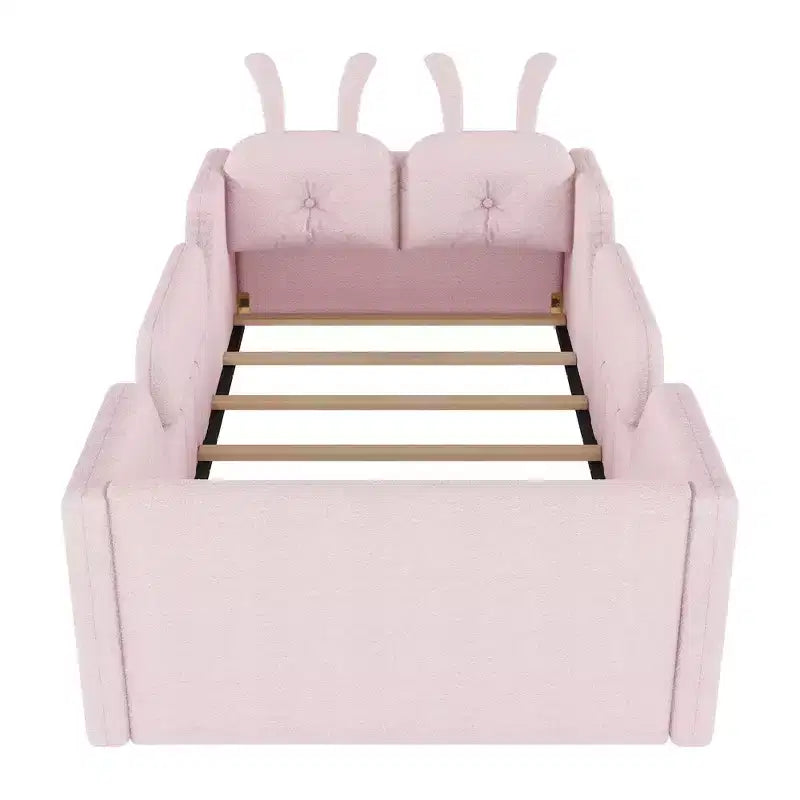 Letto a piattaforma Whisen Twin, struttura letto imbottita per bambini con cuscino a coniglio, sponde laterali rimovibili