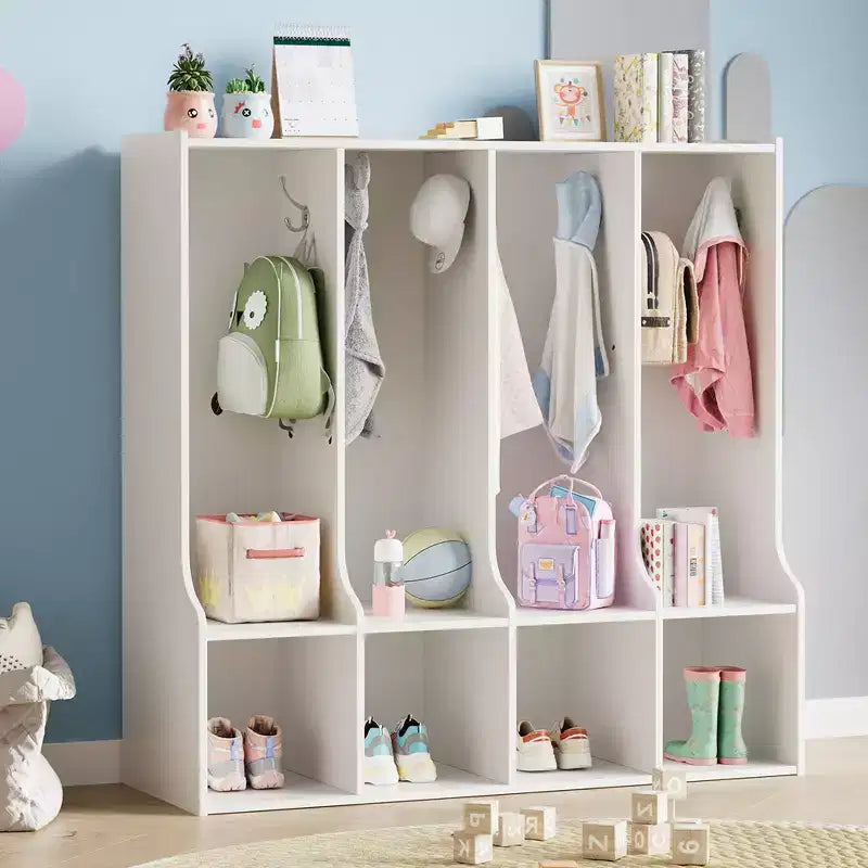 Armadietto a 4 scomparti marrone/bianco con 8 ganci, per bambini