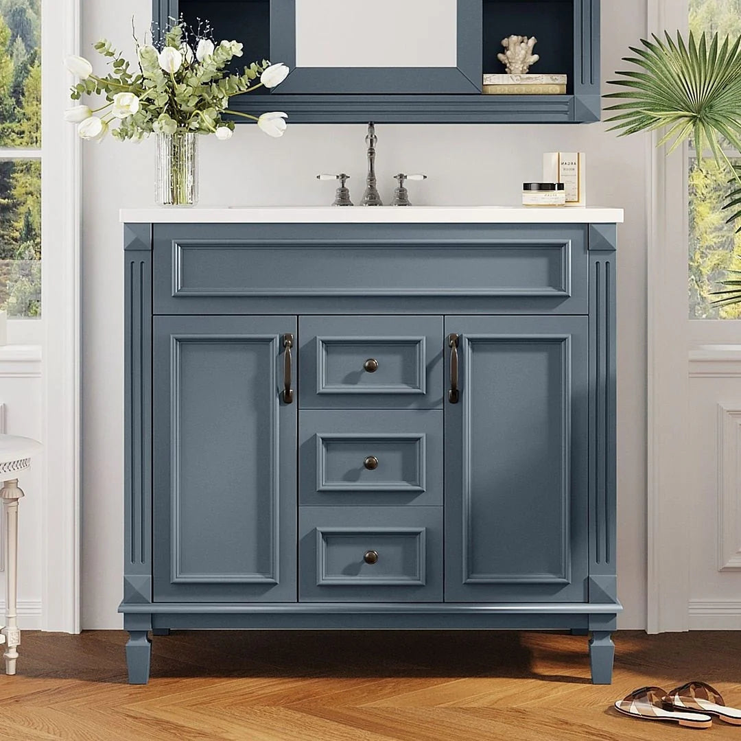Mobile bagno moderno da 90 cm con lavabo integrato e specchiera, 2 ante e 2 cassetti