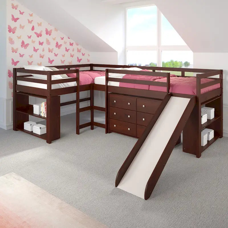 Letto a soppalco con scivolo a elle doppio e doppio in stile Dark Cappuccino