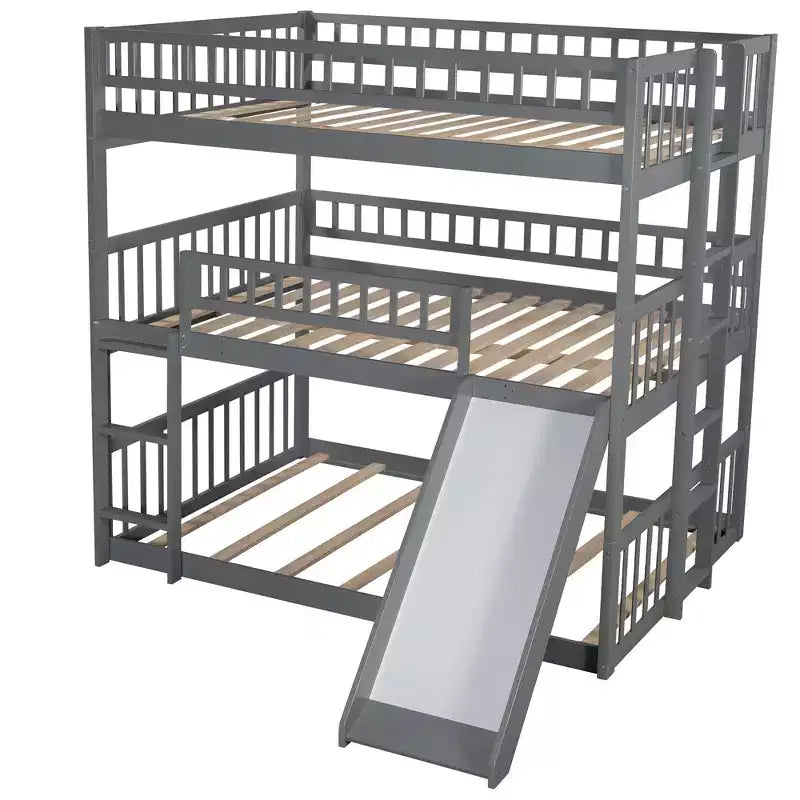 Letto a castello triplo Full Over Full con scaletta convertibile e scivolo, letto triplo con ringhiere di protezione, bianco/grigio/espresso - ModernLuxe
