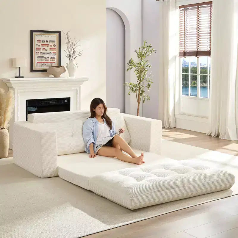 Mjkone Divano Letto Futon Convertibile 2-in-1 da 180 cm, in Tessuto a Coste, Pieghevole con Bottoni Trapuntati, Salvaspazio