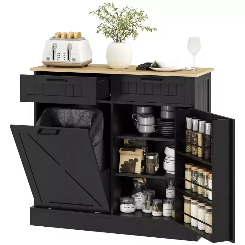 HOMCOM Mobiletto Pattumiera Inclinabile con Cassetti, Mobile Contenitore da Cucina Stile Farmhouse con Pattumiera Nascosta