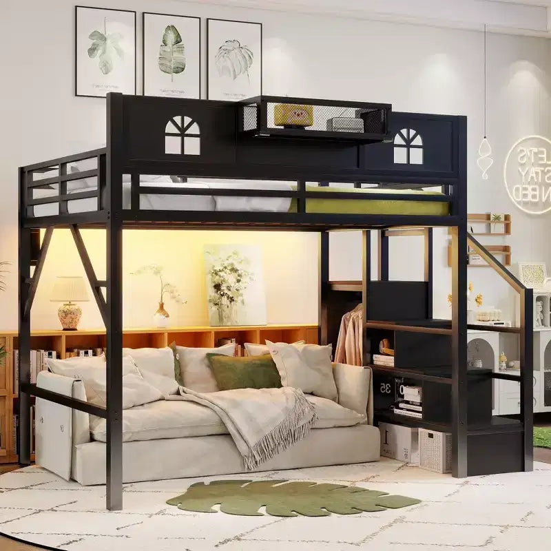 Letto a soppalco ModernLuxe matrimoniale/queen size con scale e armadio integrato, struttura letto in metallo con luci a LED, stazione di ricarica USB e ripiani portaoggetti