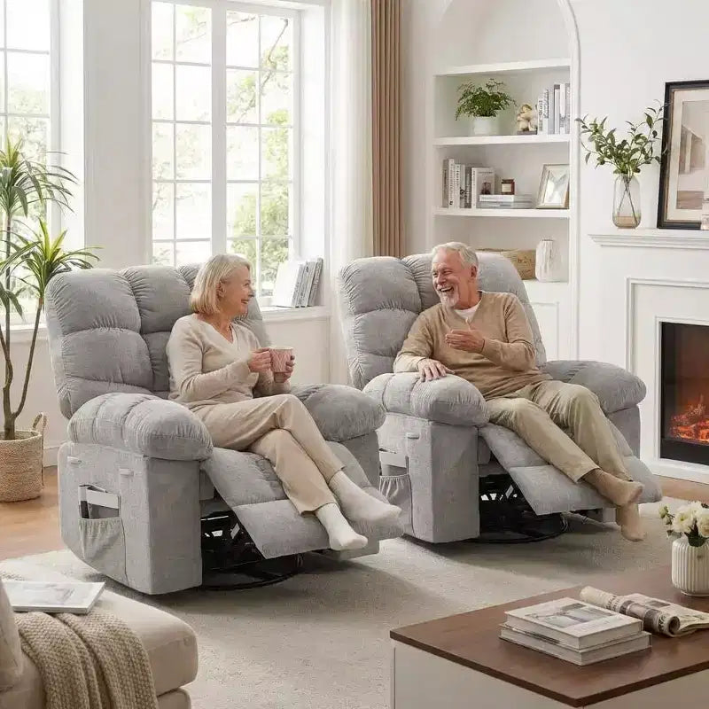 Poltrona Reclinabile Massaggiante con Funzione Calore - Girevole a 360° e a Dondolo, Poltrona Singola Grande con Vibrazione, USB e Tasche Contenitore per Salotto/Camera da Letto