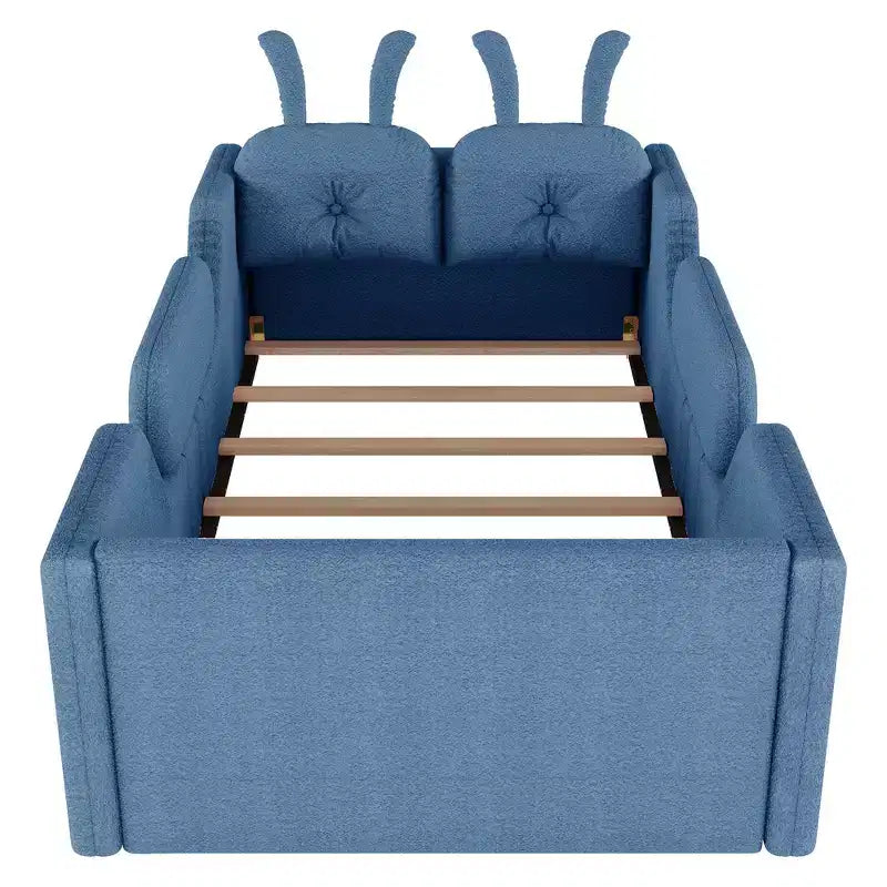Letto a piattaforma Whisen Twin, struttura letto imbottita per bambini con cuscino a coniglio, sponde laterali rimovibili