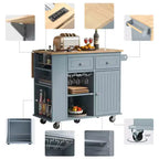 Isola da Cucina Mobile con Presa di Corrente, Piano Ribaltabile e Top in Legno di Gomma