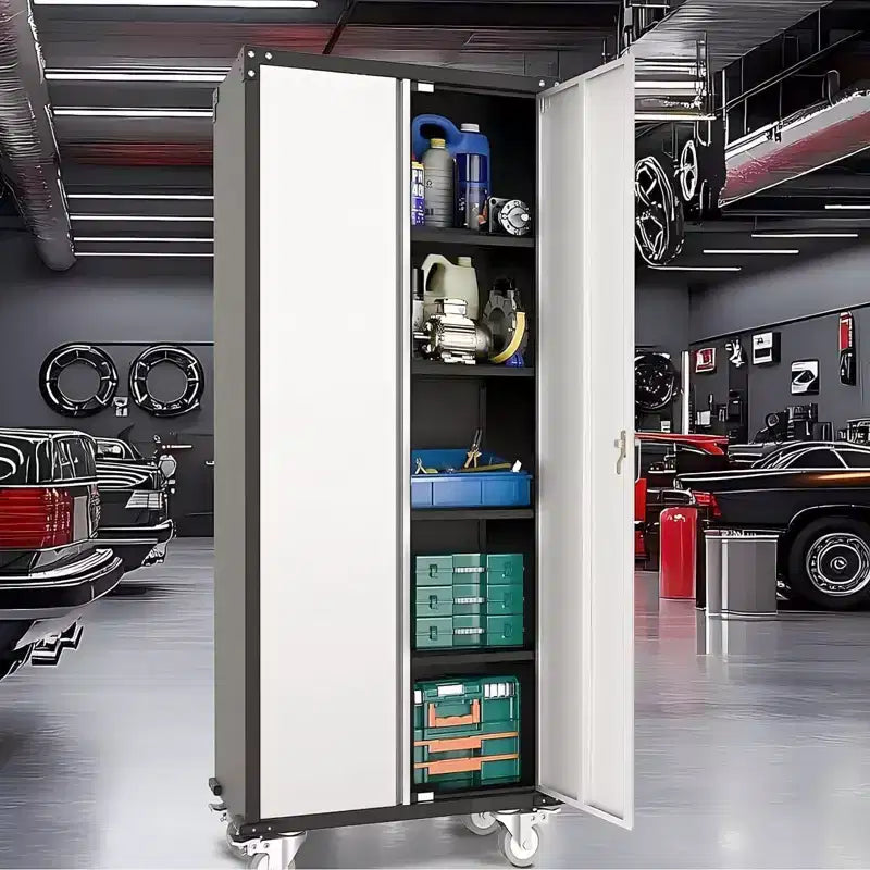 Armadietto portaoggetti da garage con ruote e pannello forato, armadio metallico con serratura alto 183 cm con 2 ante e 4 ripiani regolabili per officina o garage
