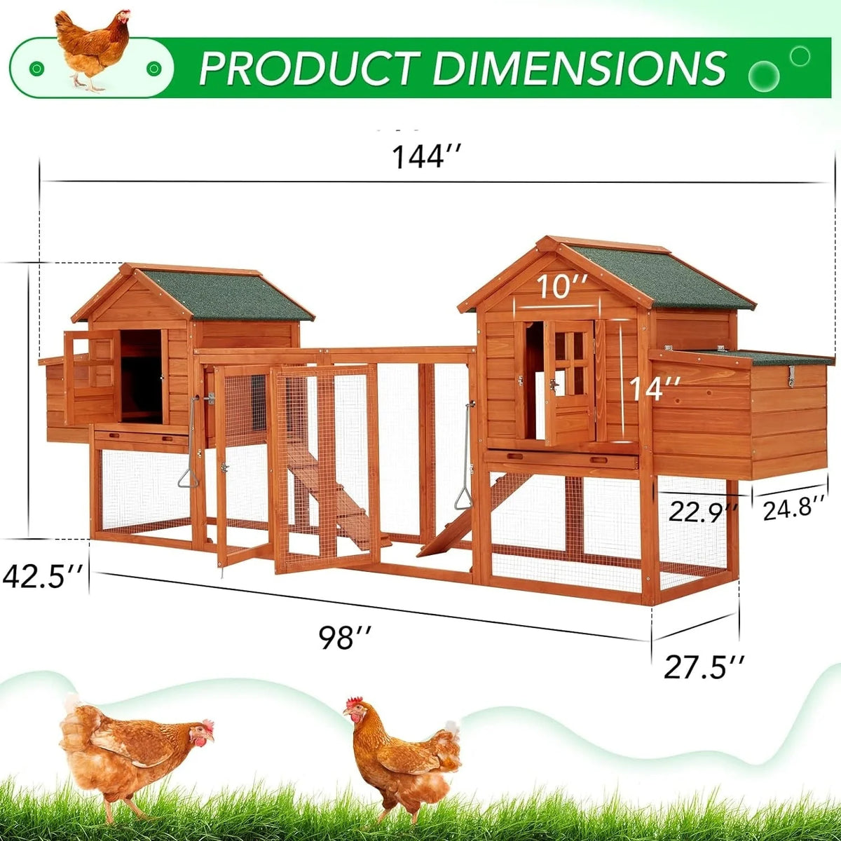 AECOJOY Pollaio grande da 365 cm con recinto, gabbia per pollame in legno