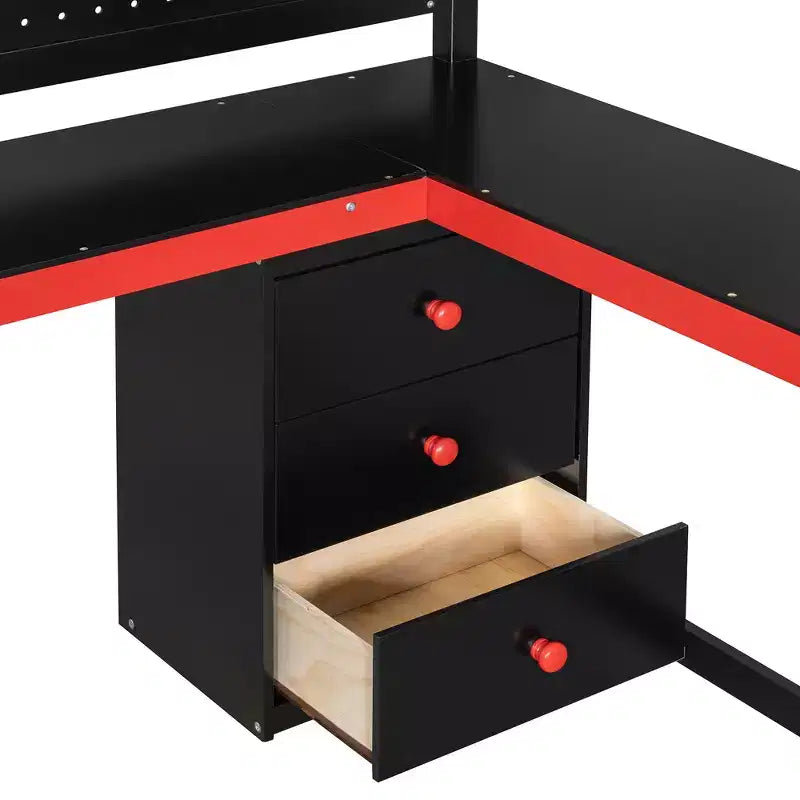 Letto a soppalco da gaming in legno Scott di GDFStudio con scale contenitore, scrivania, mensole e pannello forato