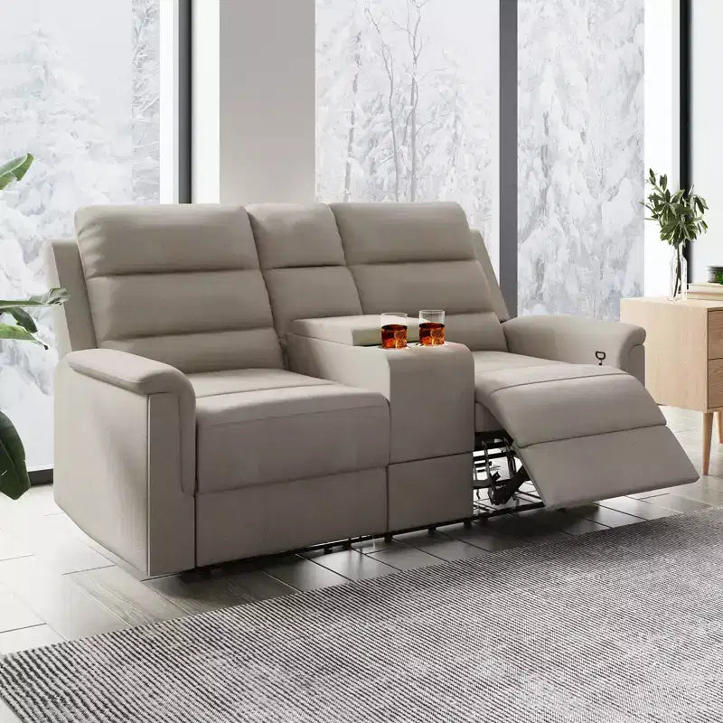 Divano a 2 posti reclinabile in tessuto tecnico beige/grigio con schienale e poggiapiedi regolabili