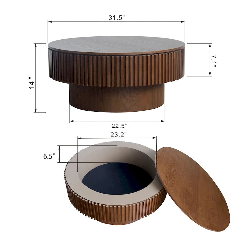Tavolino da caffè/tè rotondo moderno in legno massello impiallacciato con contenitore