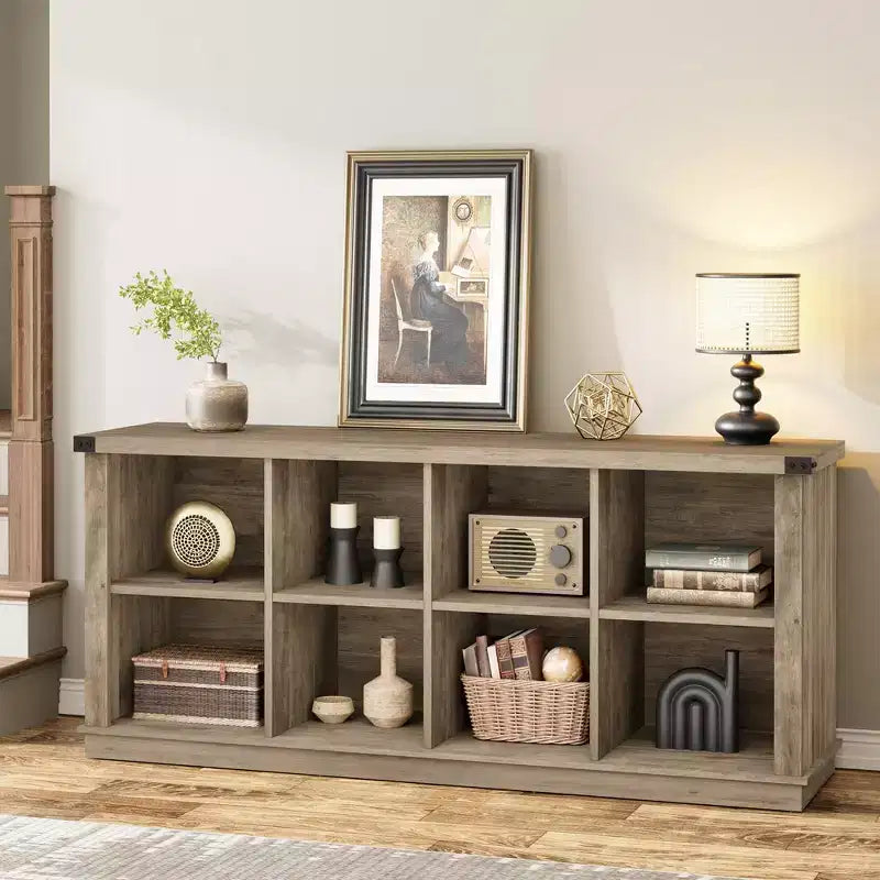 Libreria organizer a 8 cubi, libreria orizzontale rustica, libreria in legno da 62 pollici per ingresso, librerie lunghe e basse per soggiorno